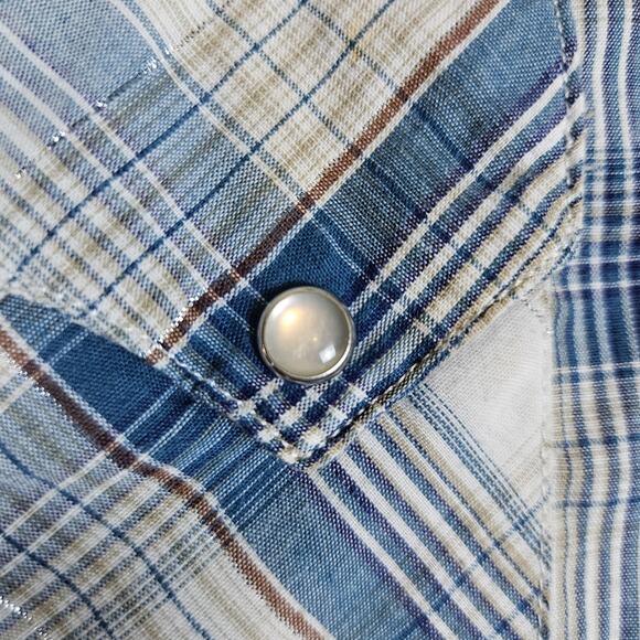 Rustler by Wrangler Mens Pearl Snap Plaid Cotton Western Cowboy Metallic Blue S - Picture 7 of 15